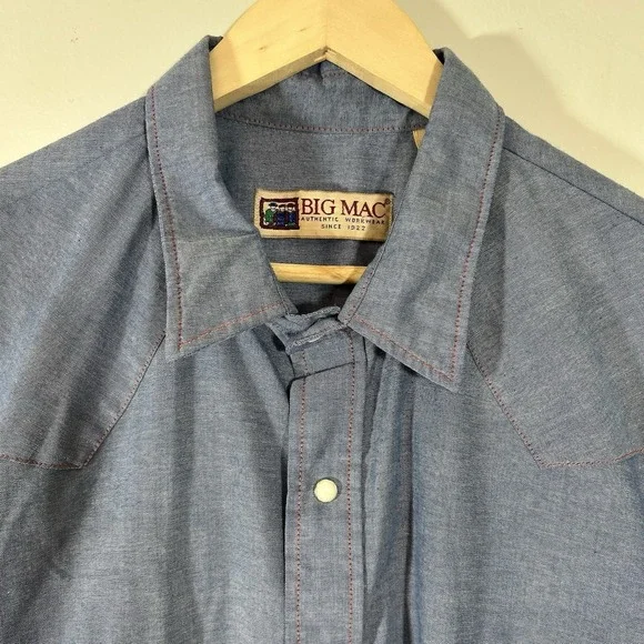 Vintage 90's Big Mac Blue Shirt Chambray Work Wear Pearl Snap Size 2XL Big USA - Picture 3 of 15